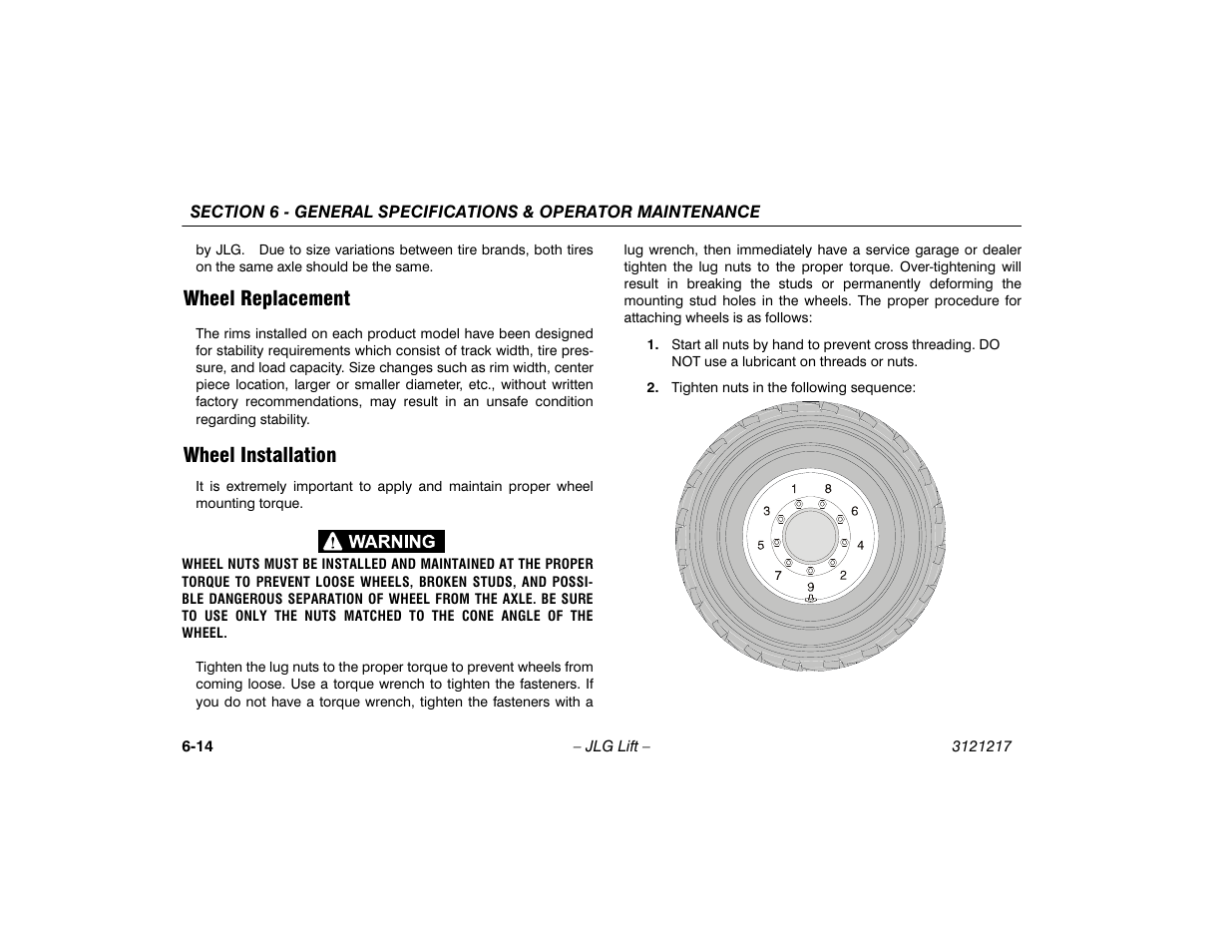 Wheel replacement, Wheel installation, Wheel replacement -10 wheel installation -10 | JLG M600 Operator Manual User Manual | Page 94 / 102