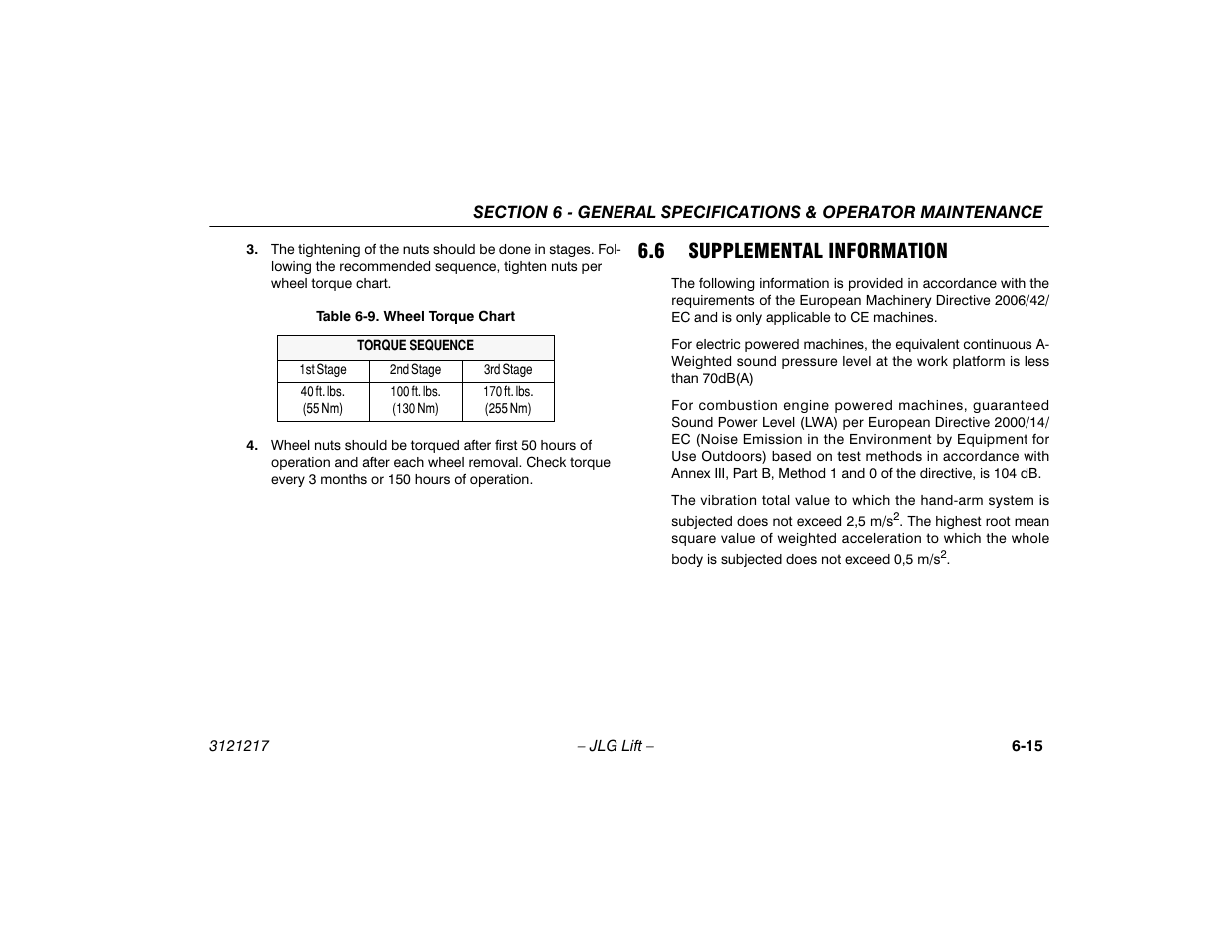 6 supplemental information, Supplemental information -11, Wheel torque chart -11 | JLG M600 Operator Manual User Manual | Page 95 / 102