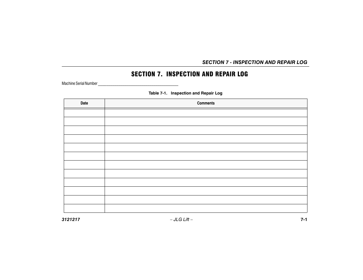 Section 7. inspection and repair log, Section - 7 - inspection and repair log, Inspection and repair log -1 | JLG M600 Operator Manual User Manual | Page 97 / 102