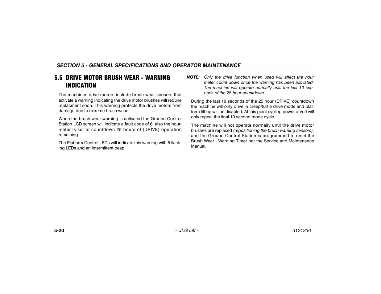 5 drive motor brush wear - warning indication, 5 drive motor brush wear, Warning indication -20 | JLG 15/20MSP Operator Manual User Manual | Page 100 / 108