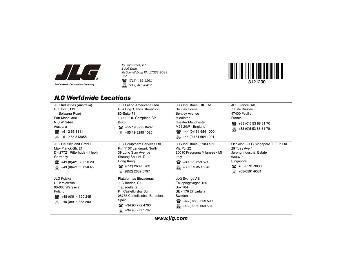 Jlg worldwide locations | JLG 15/20MSP Operator Manual User Manual | Page 108 / 108
