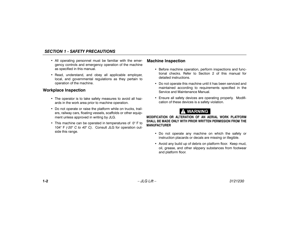 Workplace inspection, Machine inspection, Workplace inspection -2 machine inspection -2 | JLG 15/20MSP Operator Manual User Manual | Page 12 / 108