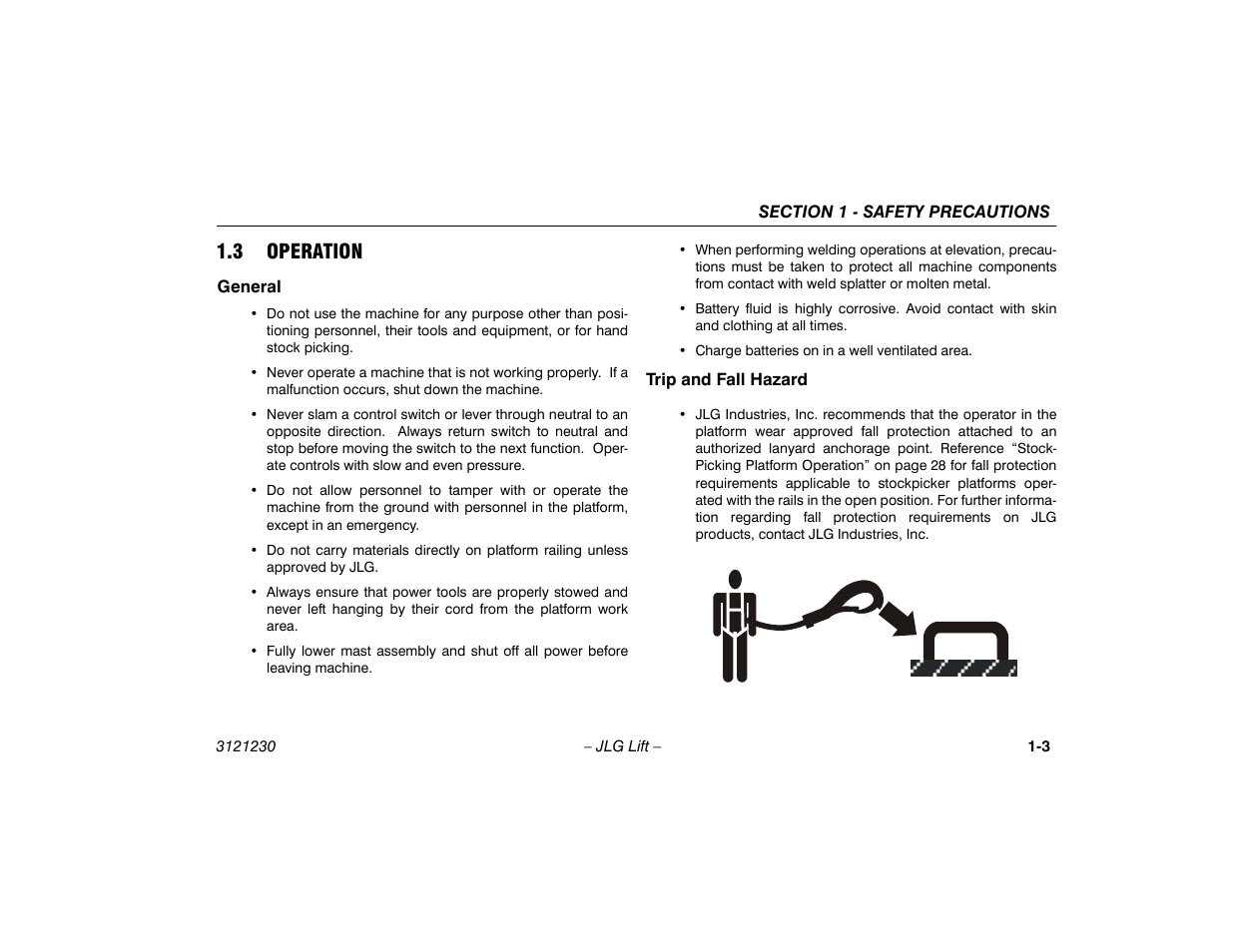 3 operation, General, Trip and fall hazard | 3 operation -3, General -3 trip and fall hazard -3 | JLG 15/20MSP Operator Manual User Manual | Page 13 / 108