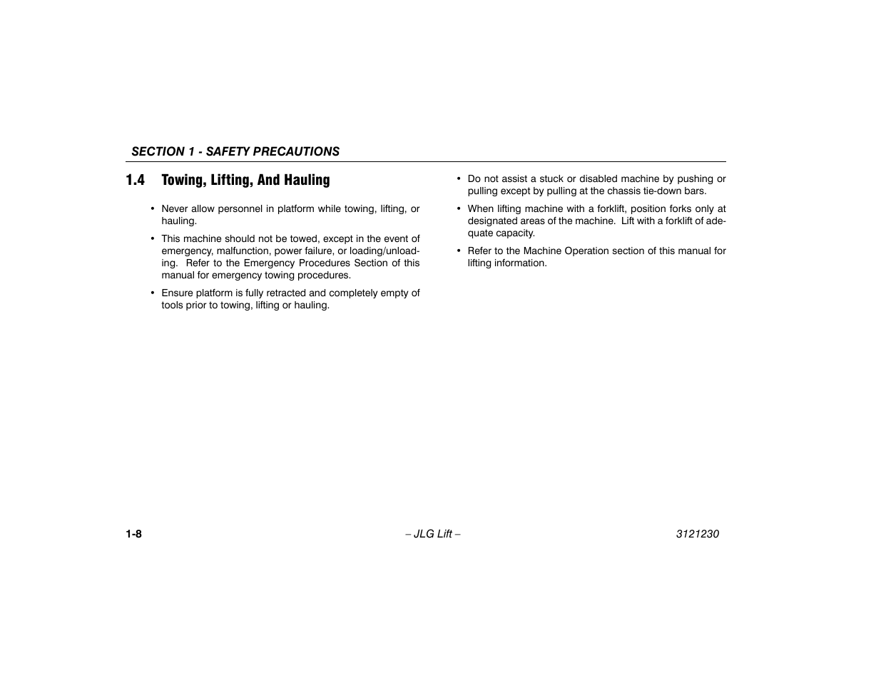 4 towing, lifting, and hauling, 4 towing, lifting, and hauling -8 | JLG 15/20MSP Operator Manual User Manual | Page 18 / 108