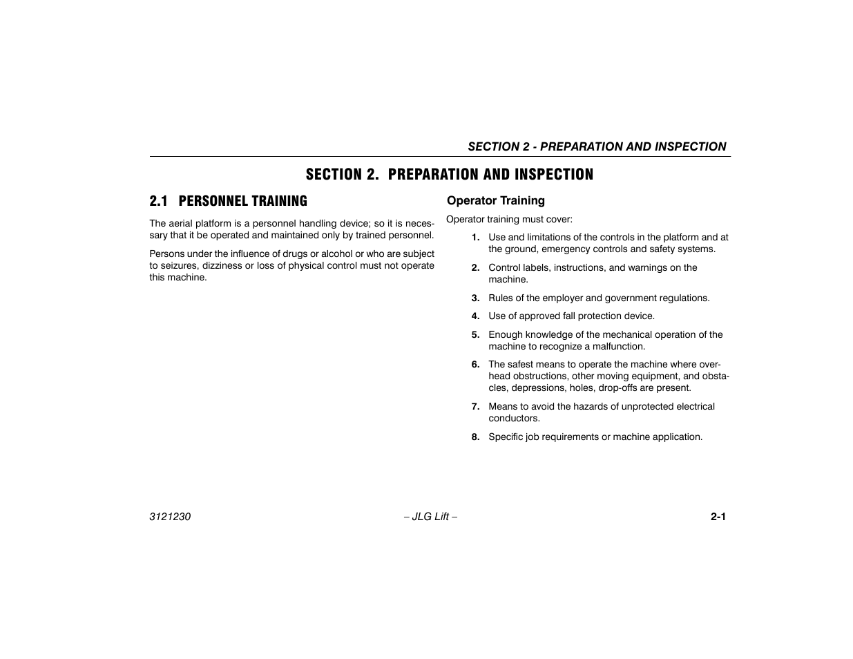 Section 2. preparation and inspection, 1 personnel training, Operator training | Section - 2 - preparation and inspection, 1 personnel training -1, Operator training -1 | JLG 15/20MSP Operator Manual User Manual | Page 19 / 108