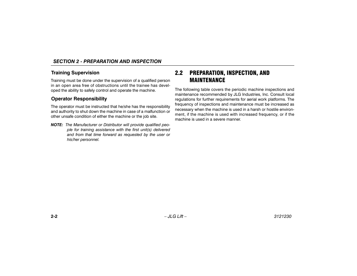 Training supervision, Operator responsibility, 2 preparation, inspection, and maintenance | Training supervision -2 operator responsibility -2, 2 preparation, inspection, and maintenance .2-2 | JLG 15/20MSP Operator Manual User Manual | Page 20 / 108