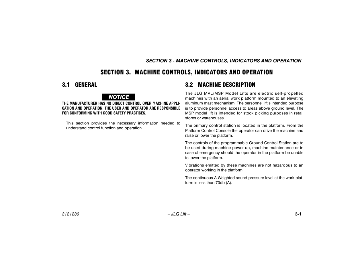 1 general, 2 machine description, 1 general -1 3.2 machine description -1 | JLG 15/20MSP Operator Manual User Manual | Page 27 / 108