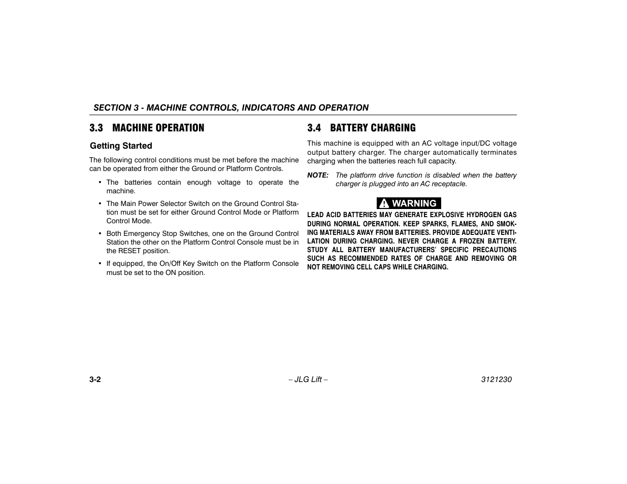 3 machine operation, Getting started, 4 battery charging | 3 machine operation -2, Getting started -2, 4 battery charging -2 | JLG 15/20MSP Operator Manual User Manual | Page 28 / 108