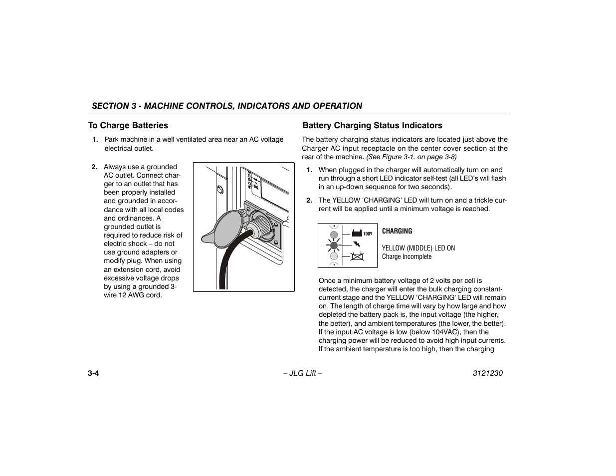 To charge batteries, Battery charging status indicators | JLG 15/20MSP Operator Manual User Manual | Page 30 / 108