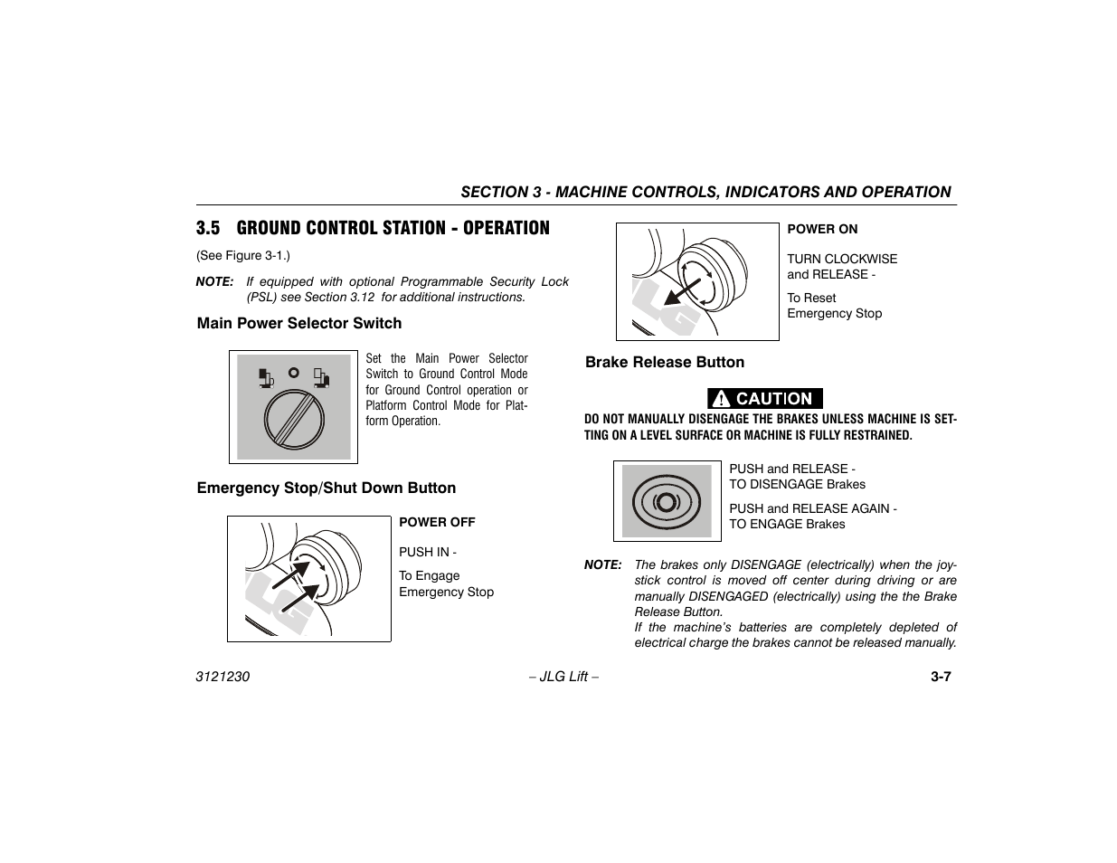 5 ground control station - operation, Main power selector switch, Emergency stop/shut down button | Brake release button, 5 ground control station - operation -7, Brake release button -7 | JLG 15/20MSP Operator Manual User Manual | Page 33 / 108