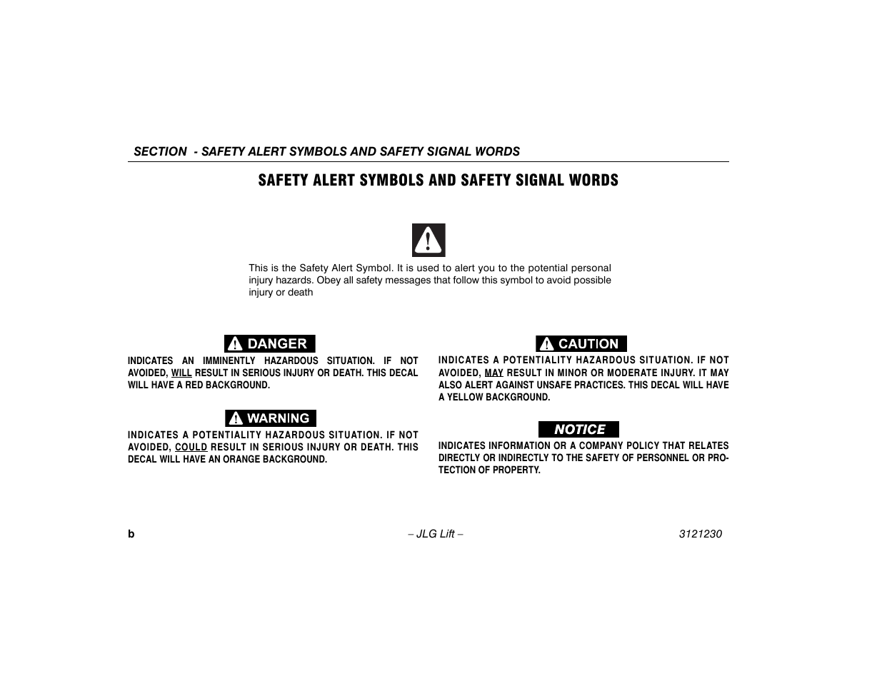 Safety alert symbols and safety signal words | JLG 15/20MSP Operator Manual User Manual | Page 4 / 108