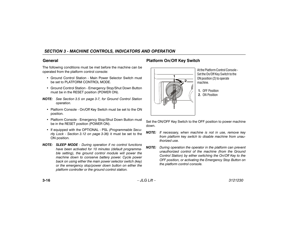 General, Platform on/off key switch, General -16 platform on/off key switch -16 | JLG 15/20MSP Operator Manual User Manual | Page 42 / 108
