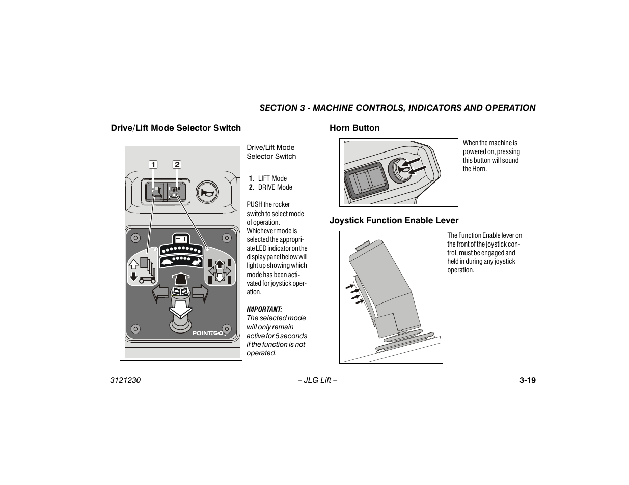 Drive/lift mode selector switch, Horn button, Joystick function enable lever | JLG 15/20MSP Operator Manual User Manual | Page 45 / 108