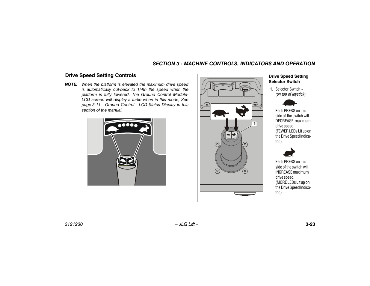 Drive speed setting controls, Drive speed setting controls -23 | JLG 15/20MSP Operator Manual User Manual | Page 49 / 108