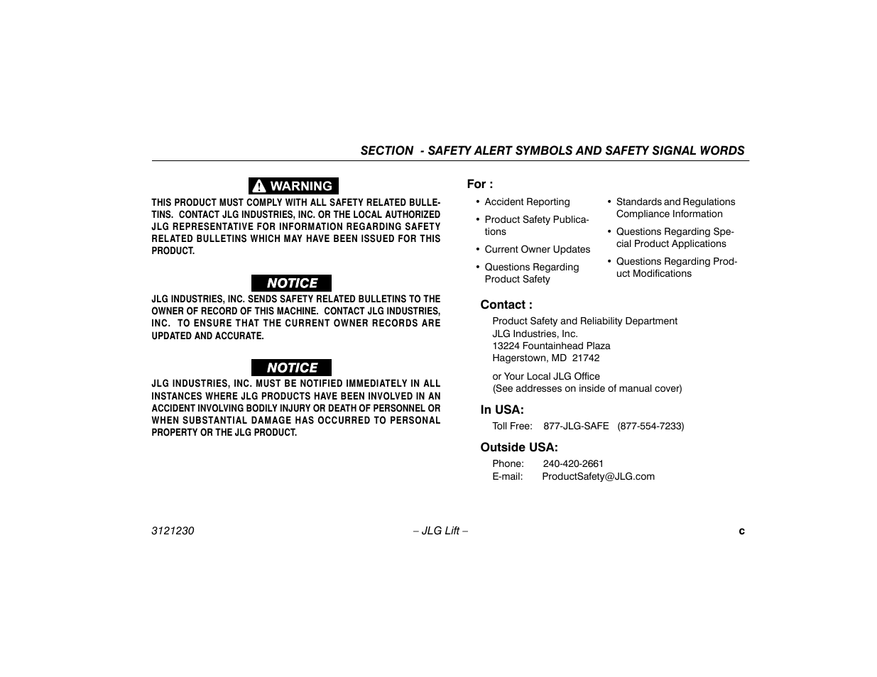 Contact, In usa, Outside usa | JLG 15/20MSP Operator Manual User Manual | Page 5 / 108