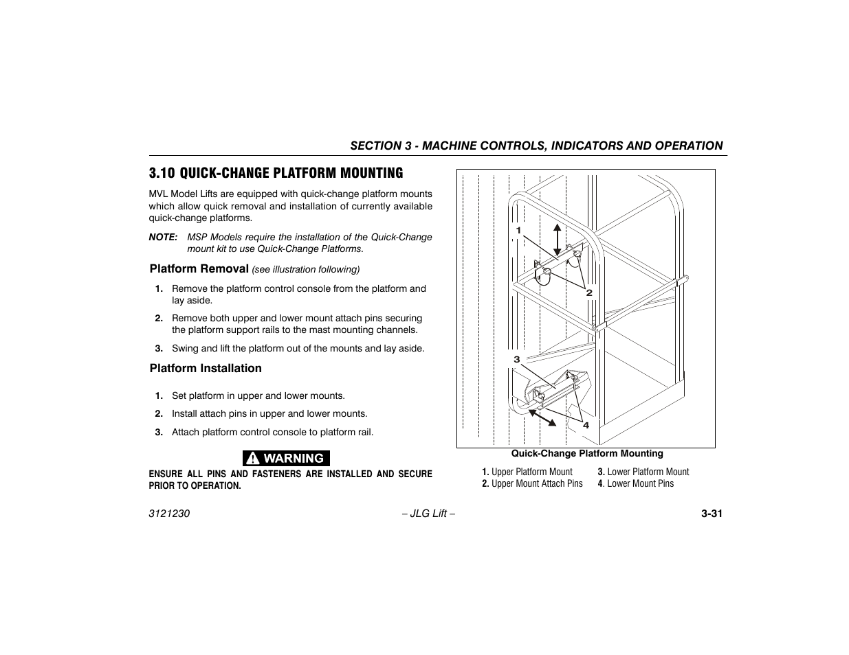 10 quick-change platform mounting, Platform removal (see illustration following), Platform installation | 10 quick-change platform mounting -31, Platform removal (see illustration following) -31, Platform installation -31 | JLG 15/20MSP Operator Manual User Manual | Page 57 / 108