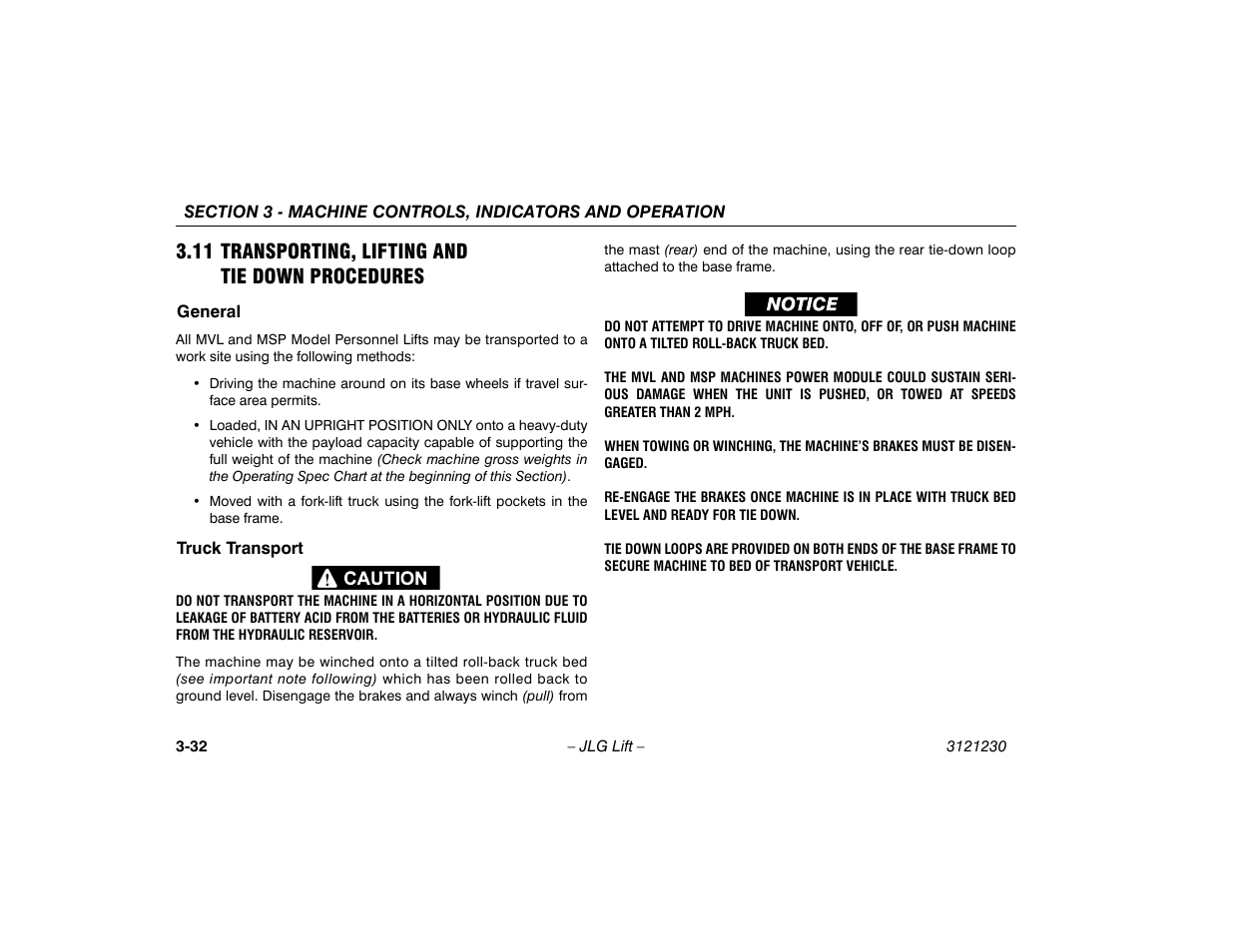 11 transporting, lifting and tie down procedures, General, Truck transport | 11 transporting, lifting and, Tie down procedures -32, General -32 truck transport -32 | JLG 15/20MSP Operator Manual User Manual | Page 58 / 108