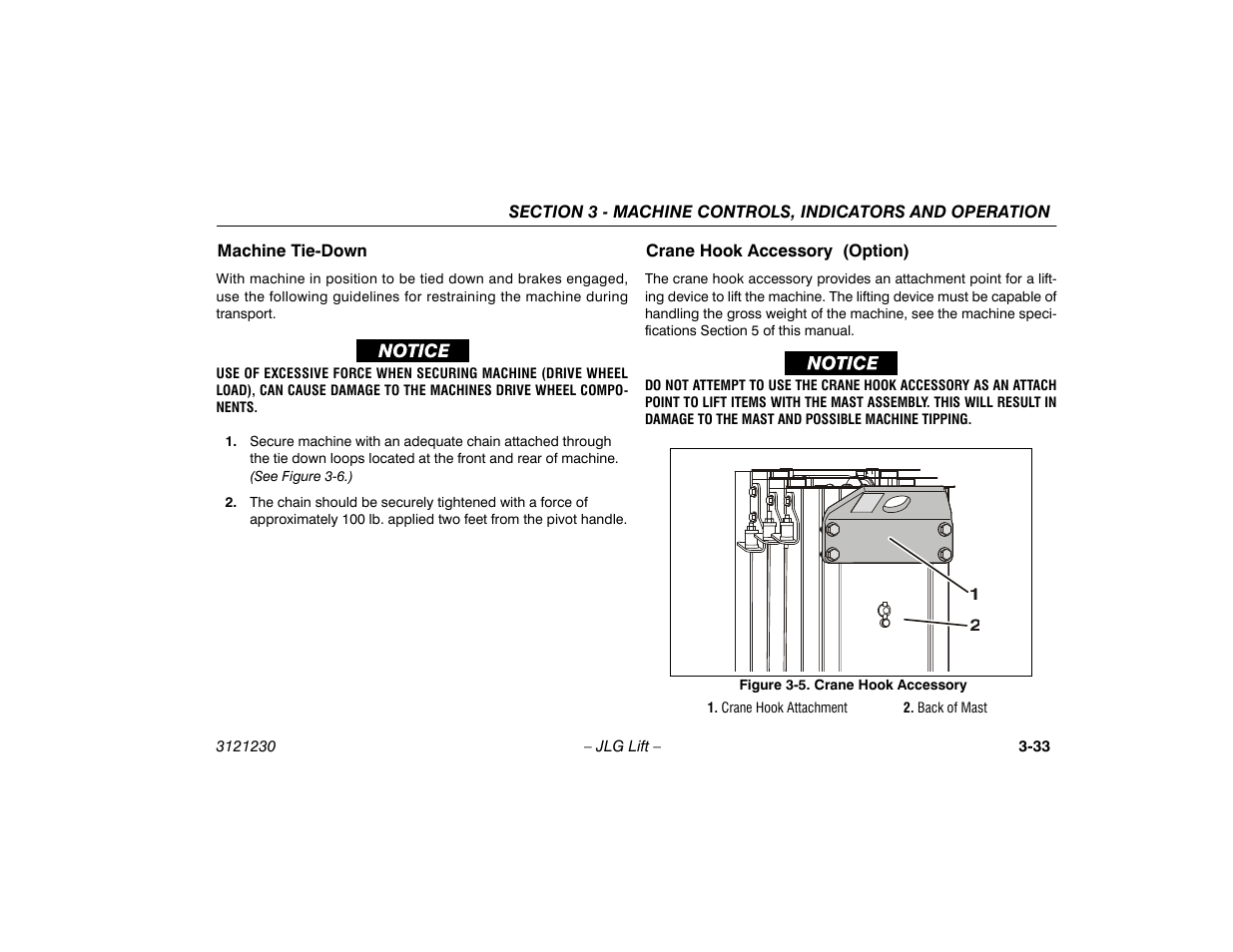Machine tie-down, Crane hook accessory (option), Crane hook accessory -33 | JLG 15/20MSP Operator Manual User Manual | Page 59 / 108