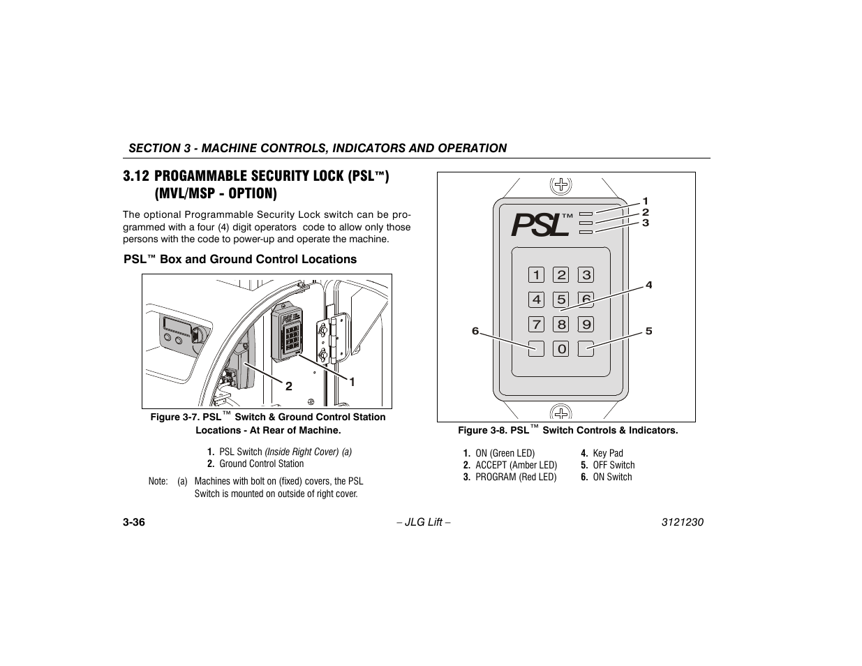 Psl™ box and ground control locations, 12 progammable security lock (psl™), Mvl/msp - option) -36 | Psl™ box and ground control locations -36, Psl™ switch controls & indicators -36 | JLG 15/20MSP Operator Manual User Manual | Page 62 / 108