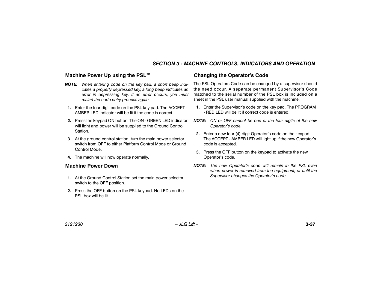 Machine power up using the psl, Machine power down, Changing the operator’s code | JLG 15/20MSP Operator Manual User Manual | Page 63 / 108