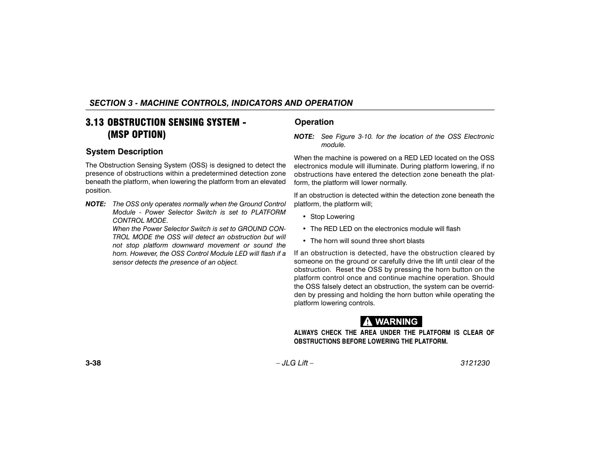 13 obstruction sensing system - (msp option), System description, Operation | 13 obstruction sensing system, Msp option) -38, System description -38 operation -38 | JLG 15/20MSP Operator Manual User Manual | Page 64 / 108