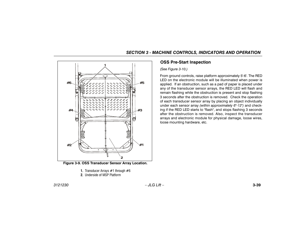 Oss pre-start inspection, Oss pre-start inspection -39, Oss transducer sensor array location -39 | JLG 15/20MSP Operator Manual User Manual | Page 65 / 108