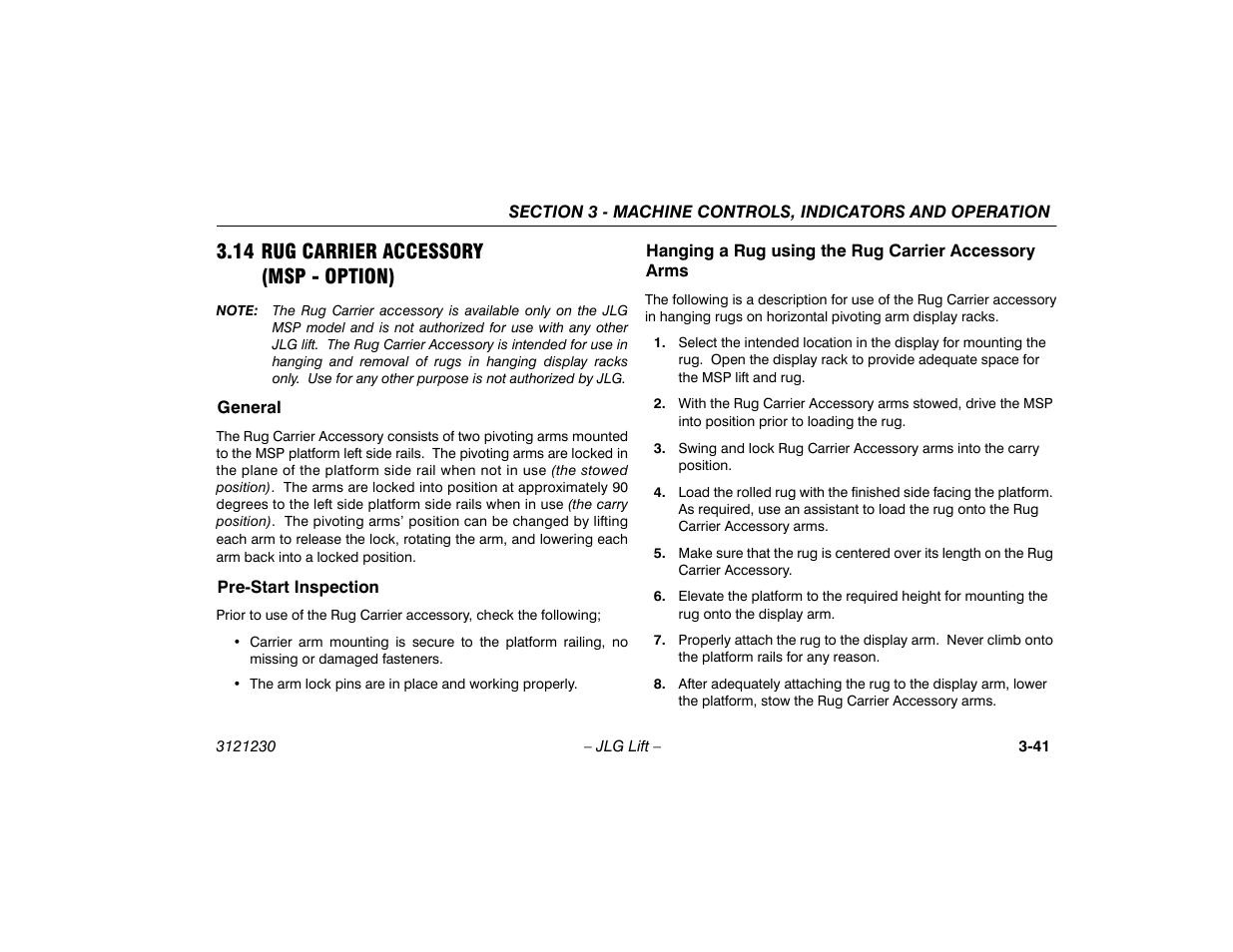 14 rug carrier accessory (msp - option), General, Pre-start inspection | Hanging a rug using the rug carrier accessory arms, 14 rug carrier accessory, Msp - option) -41, General -41 pre-start inspection -41 | JLG 15/20MSP Operator Manual User Manual | Page 67 / 108