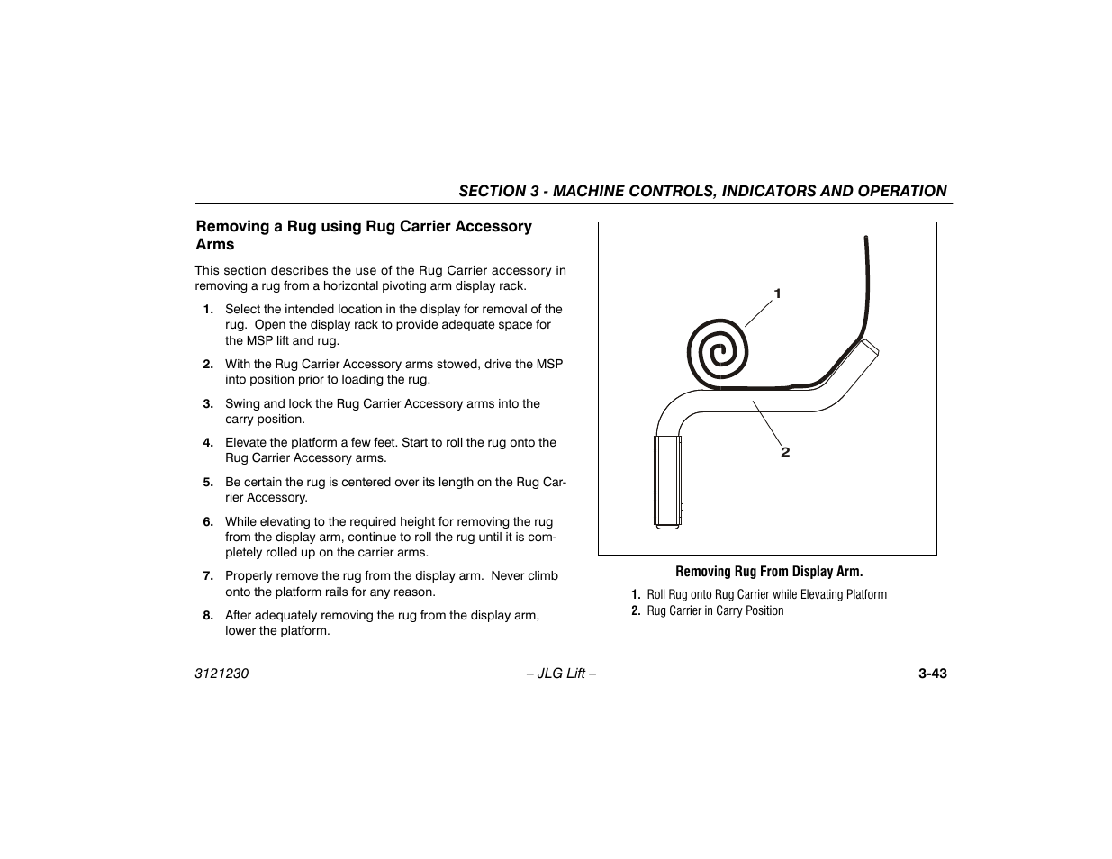 Removing a rug using rug carrier accessory arms | JLG 15/20MSP Operator Manual User Manual | Page 69 / 108