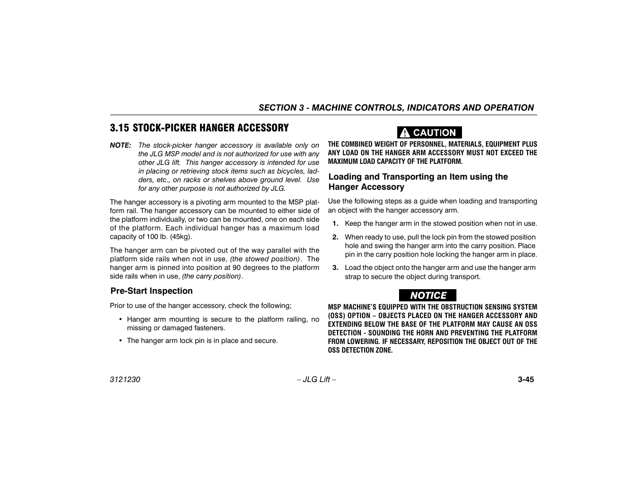 15 stock-picker hanger accessory, Pre-start inspection, 15 stock-picker hanger accessory -45 | JLG 15/20MSP Operator Manual User Manual | Page 71 / 108
