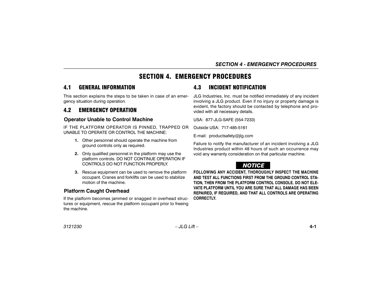 Section 4. emergency procedures, 1 general information, 2 emergency operation | Operator unable to control machine, Platform caught overhead, 3 incident notification, Section - 4 - emergency procedures, 3 incident notification -1 | JLG 15/20MSP Operator Manual User Manual | Page 79 / 108