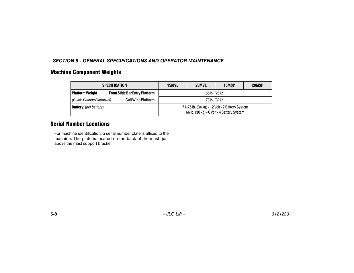 Machine component weights, Serial number locations, Machine component weights serial number locations | JLG 15/20MSP Operator Manual User Manual | Page 88 / 108