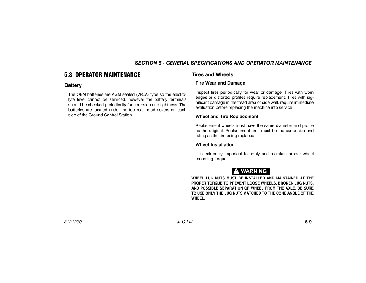 3 operator maintenance, Battery, Tires and wheels | 3 operator maintenance -9, Battery -9 tires and wheels -9 | JLG 15/20MSP Operator Manual User Manual | Page 89 / 108