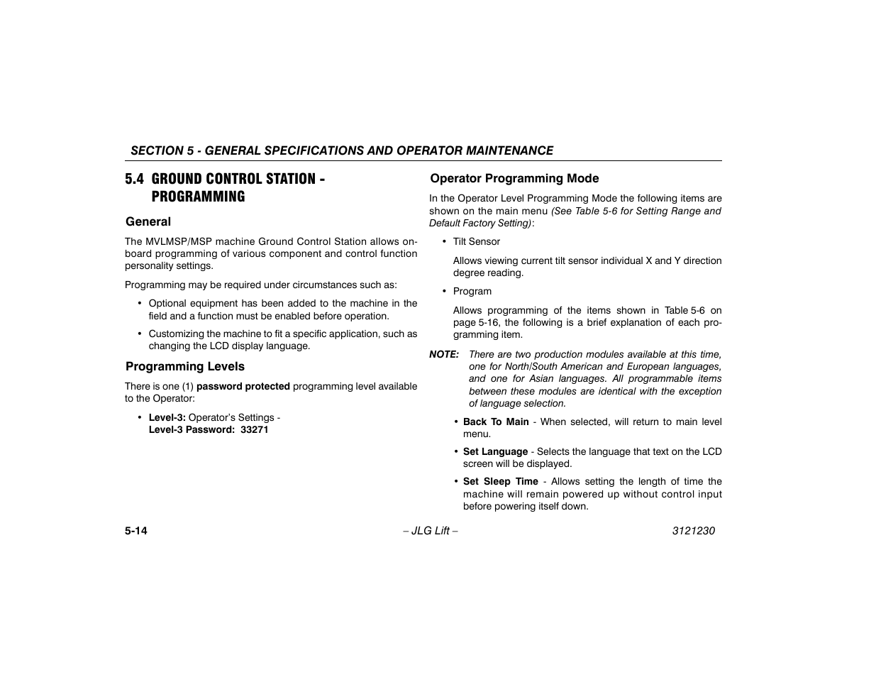 4 ground control station - programming, General, Programming levels | Operator programming mode, 4 ground control station, Programming5-14 | JLG 15/20MSP Operator Manual User Manual | Page 94 / 108