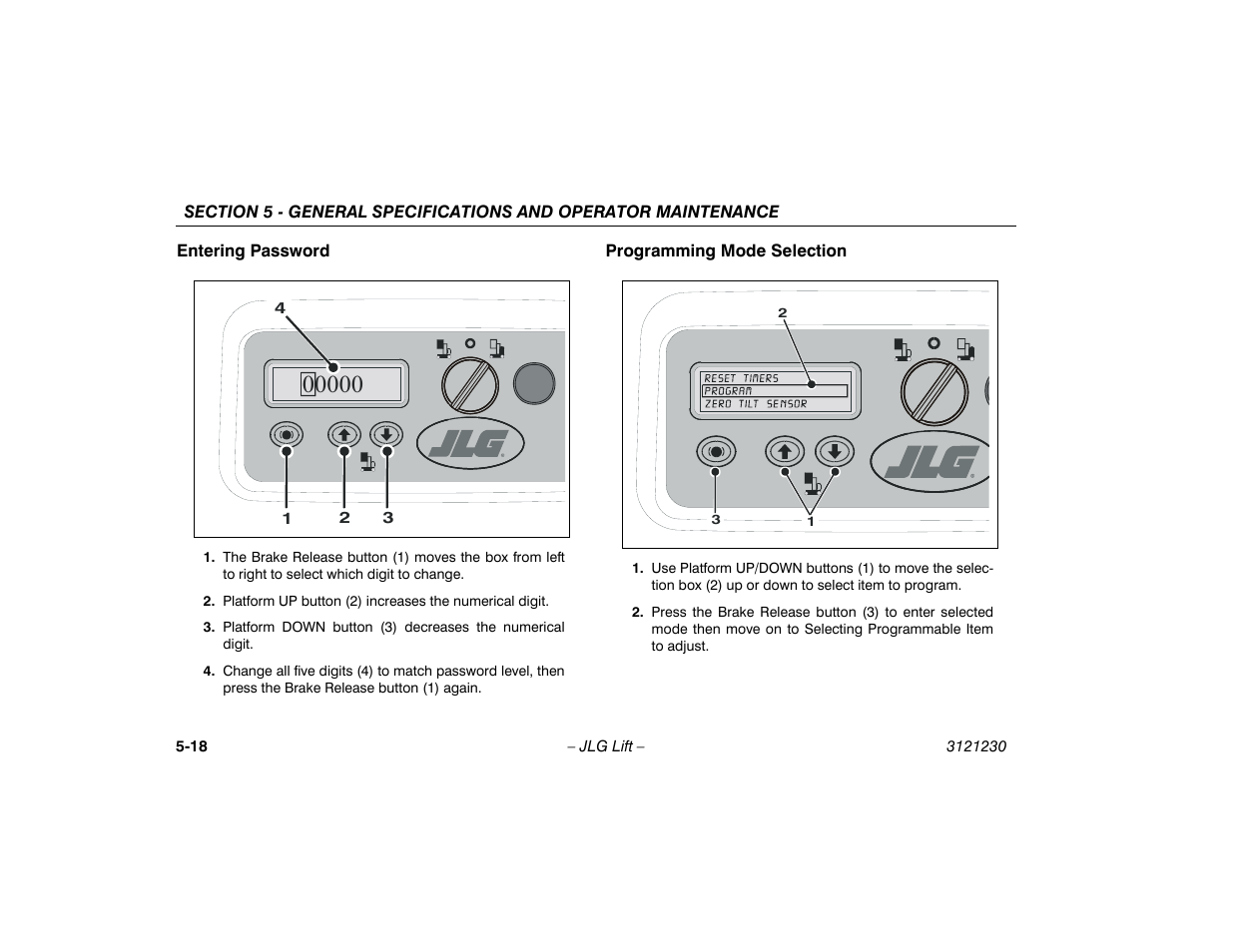 Entering password, Programming mode selection | JLG 15/20MSP Operator Manual User Manual | Page 98 / 108