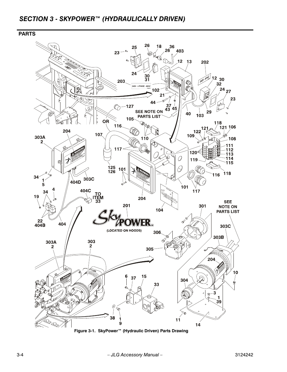 Parts, Parts -4, Skypower™ (hydraulic driven) parts drawing -4 | JLG Workstation in the Sky-Boom Lifts User Manual | Page 78 / 132