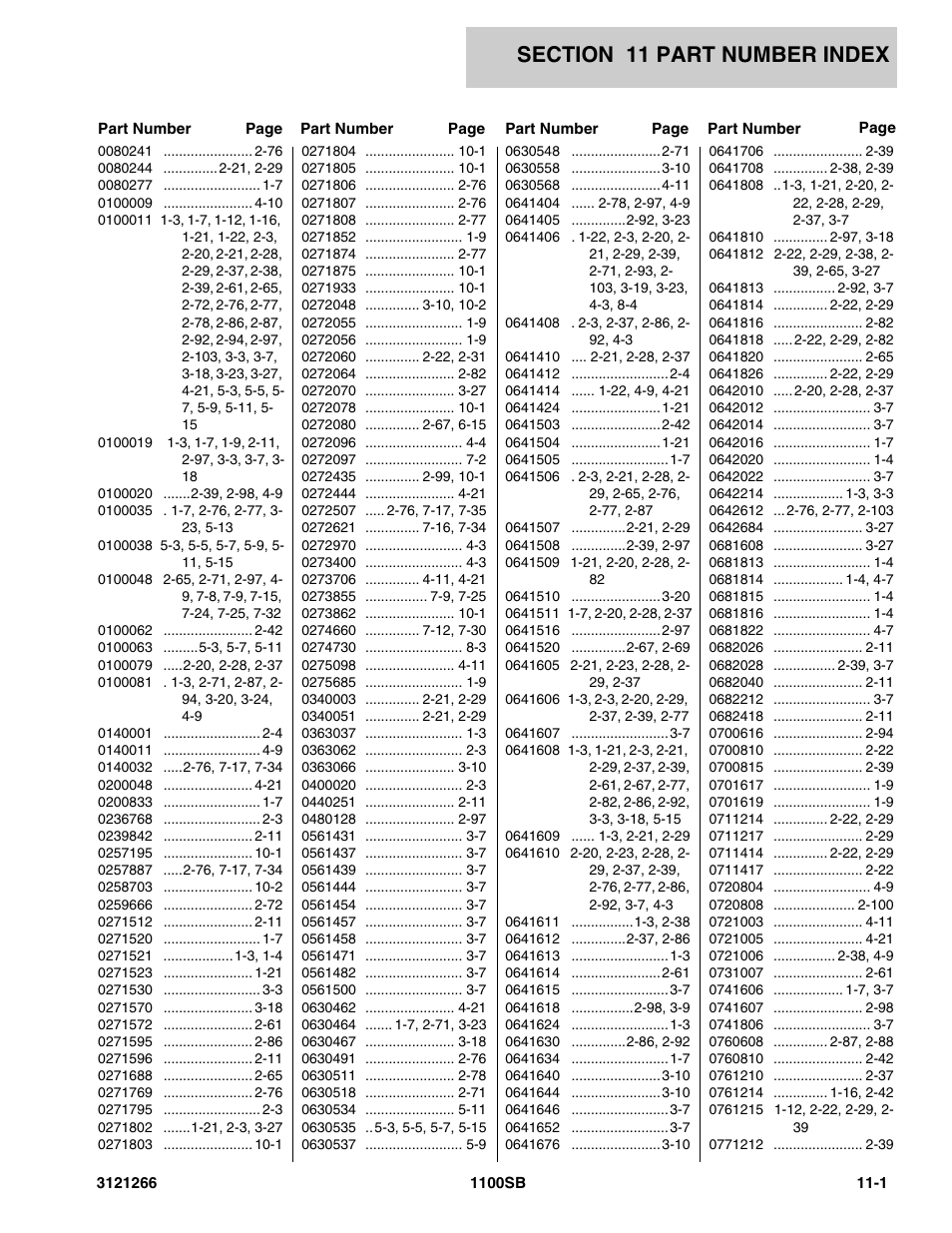 Section 11 part number index, 11 - part number index -1 | JLG 1100SB Parts Manual User Manual | Page 263 / 276