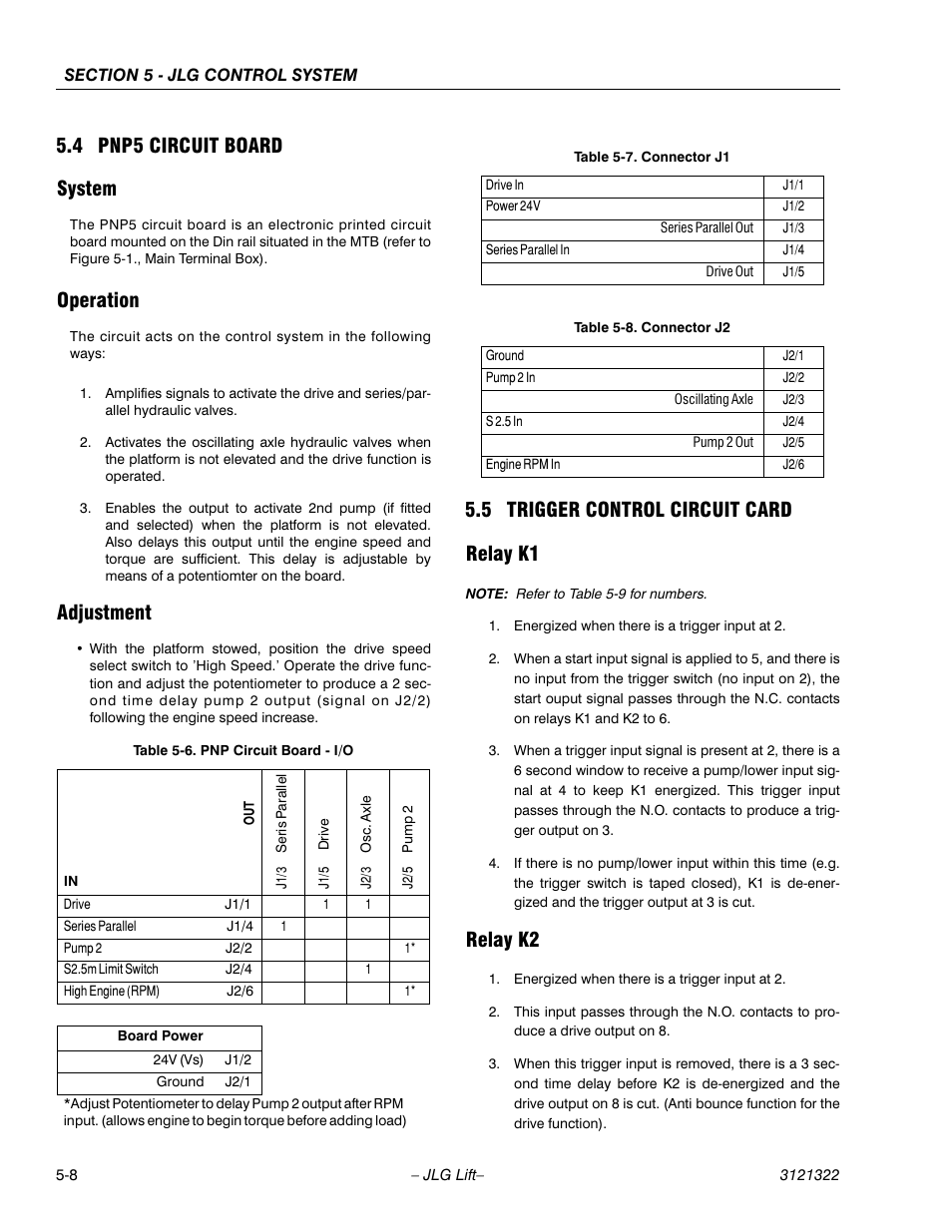 4 pnp5 circuit board, System, Operation | Adjustment, 5 trigger control circuit card, Relay k1, Relay k2, Pnp5 circuit board -8, System -8 operation -8 adjustment -8, Trigger control circuit card -8 | JLG 67SL Service Manual User Manual | Page 108 / 152