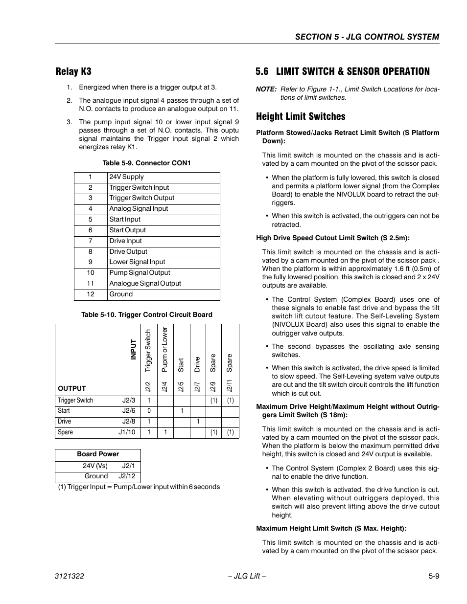 Relay k3, 6 limit switch & sensor operation, Height limit switches | Relay k3 -9, Limit switch & sensor operation -9, Height limit switches -9, Connector con1 -9, Trigger control circuit board -9 | JLG 67SL Service Manual User Manual | Page 109 / 152