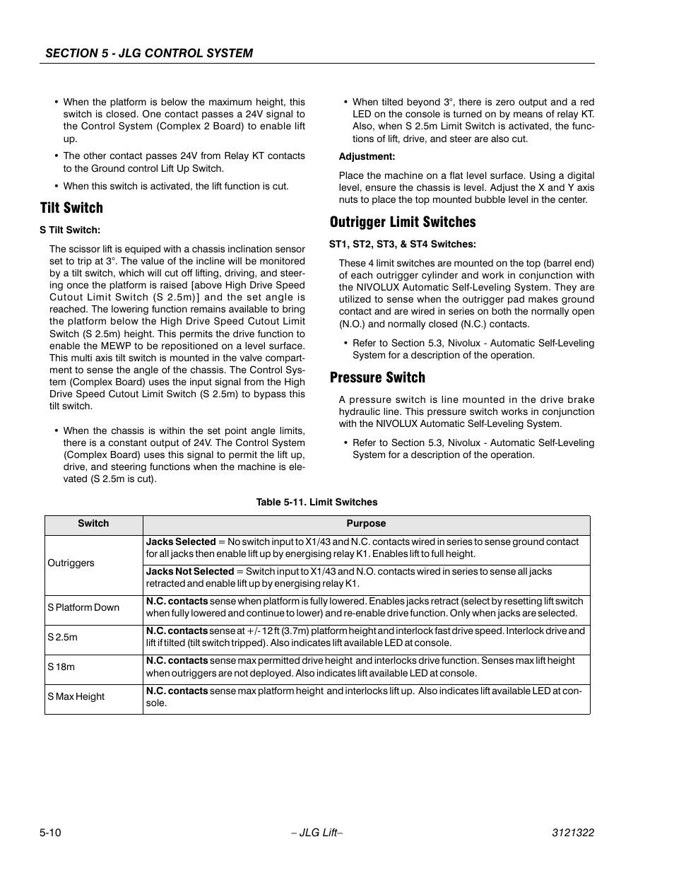Tilt switch, Outrigger limit switches, Pressure switch | Limit switches -10 | JLG 67SL Service Manual User Manual | Page 110 / 152