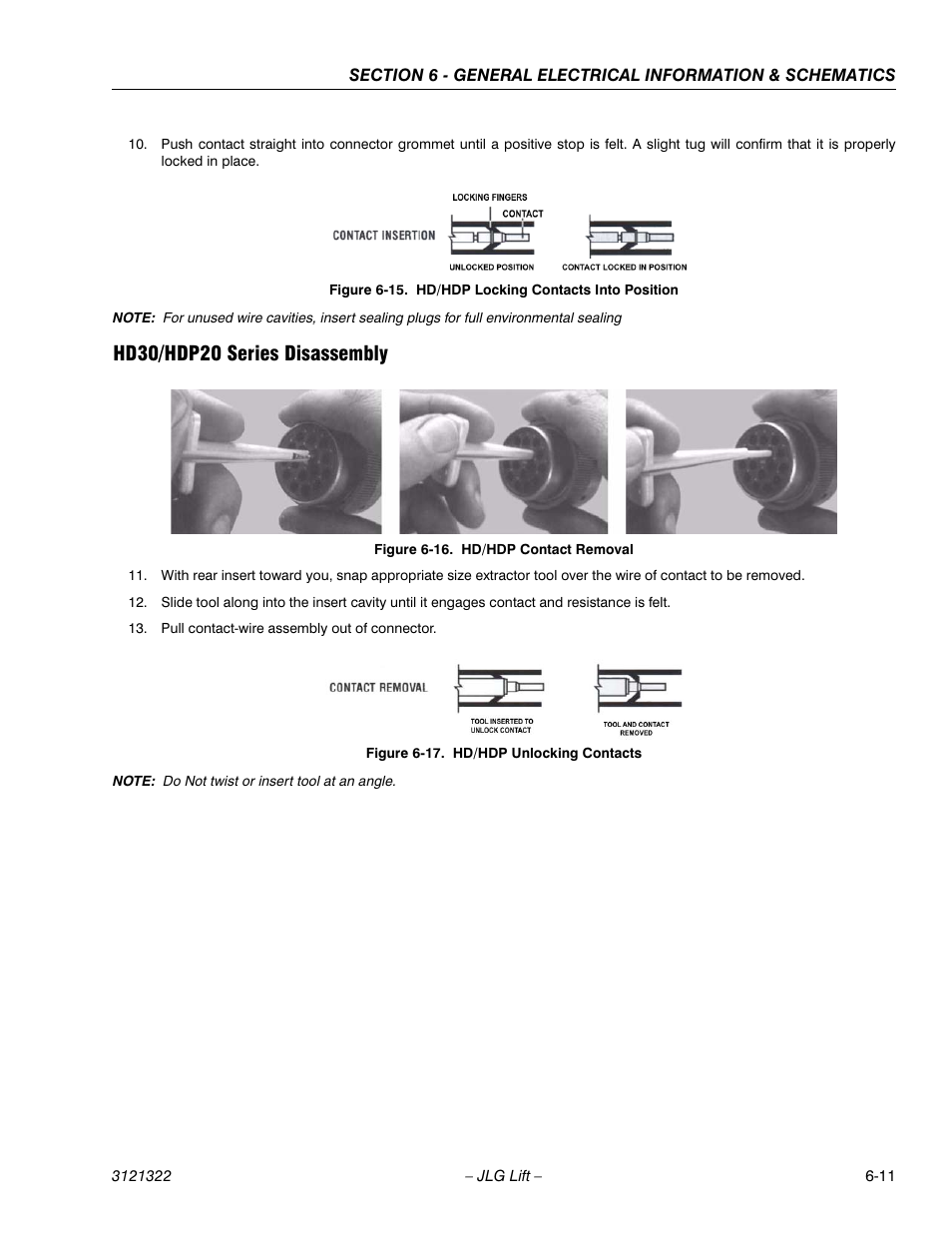 Hd30/hdp20 series disassembly, Hd30/hdp20 series disassembly -11, Hd/hdp locking contacts into position -11 | Hd/hdp contact removal -11, Hd/hdp unlocking contacts -11 | JLG 67SL Service Manual User Manual | Page 123 / 152