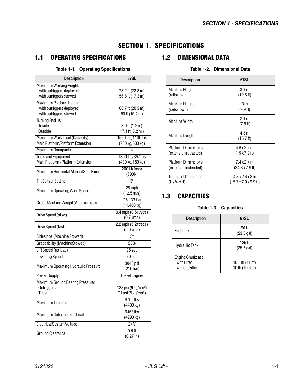 Section 1. specifications, 1 operating specifications, 2 dimensional data | 3 capacities, Section 1 - specifications, Operating specifications -1, Dimensional data -1, Capacities -1 | JLG 67SL Service Manual User Manual | Page 13 / 152