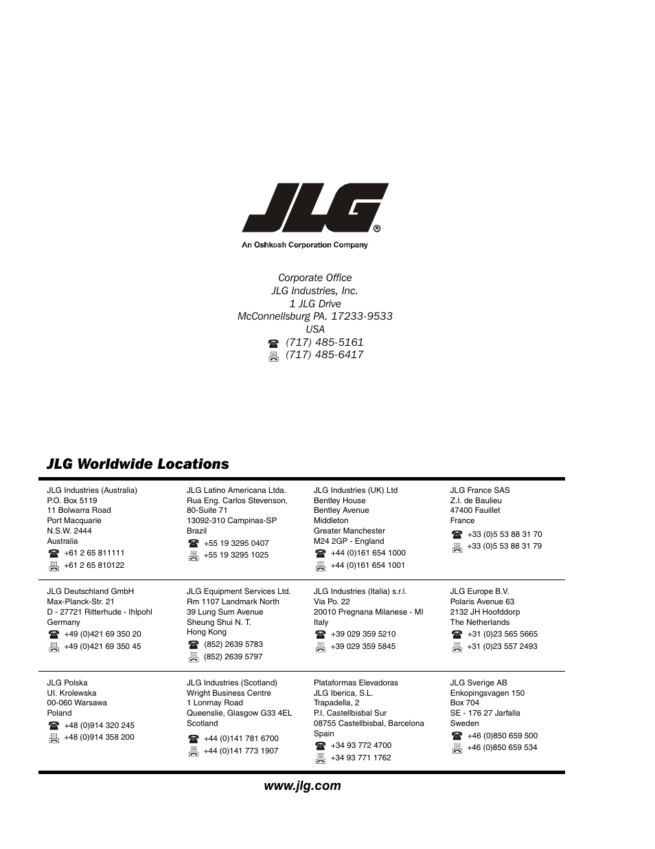 Jlg worldwide locations | JLG 67SL Service Manual User Manual | Page 152 / 152