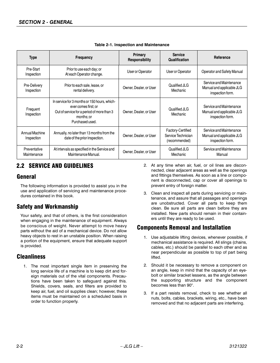 2 service and guidelines, General, Safety and workmanship | Cleanliness, Components removal and installation, Service and guidelines -2, Inspection and maintenance -2, 2 service and guidelines general | JLG 67SL Service Manual User Manual | Page 22 / 152