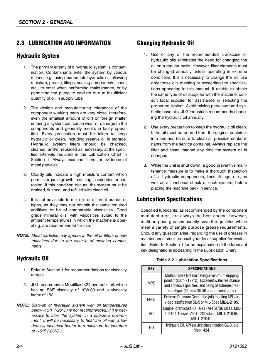 3 lubrication and information, Hydraulic system, Hydraulic oil | Changing hydraulic oil, Lubrication specifications, Lubrication and information -4, Lubrication specifications -4, 3 lubrication and information hydraulic system | JLG 67SL Service Manual User Manual | Page 24 / 152