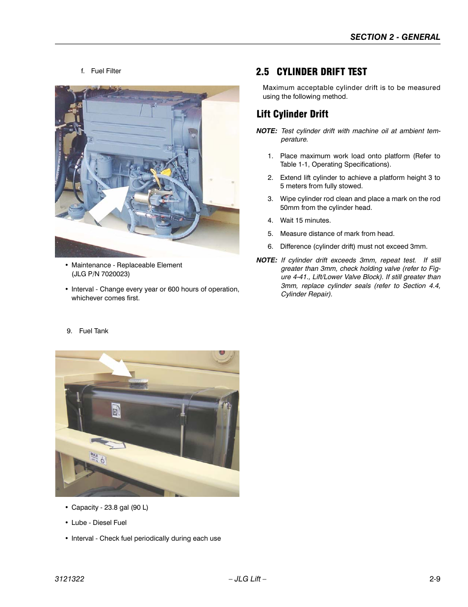 5 cylinder drift test, Lift cylinder drift, Cylinder drift test -9 | Lift cylinder drift -9 | JLG 67SL Service Manual User Manual | Page 29 / 152