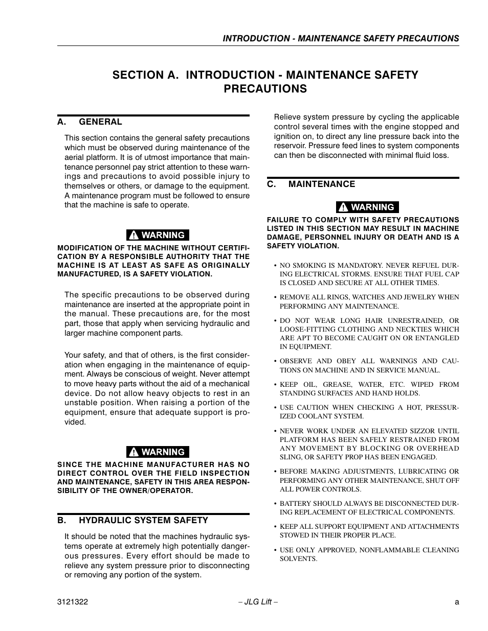 A. general, B. hydraulic system safety, C. maintenance | JLG 67SL Service Manual User Manual | Page 3 / 152