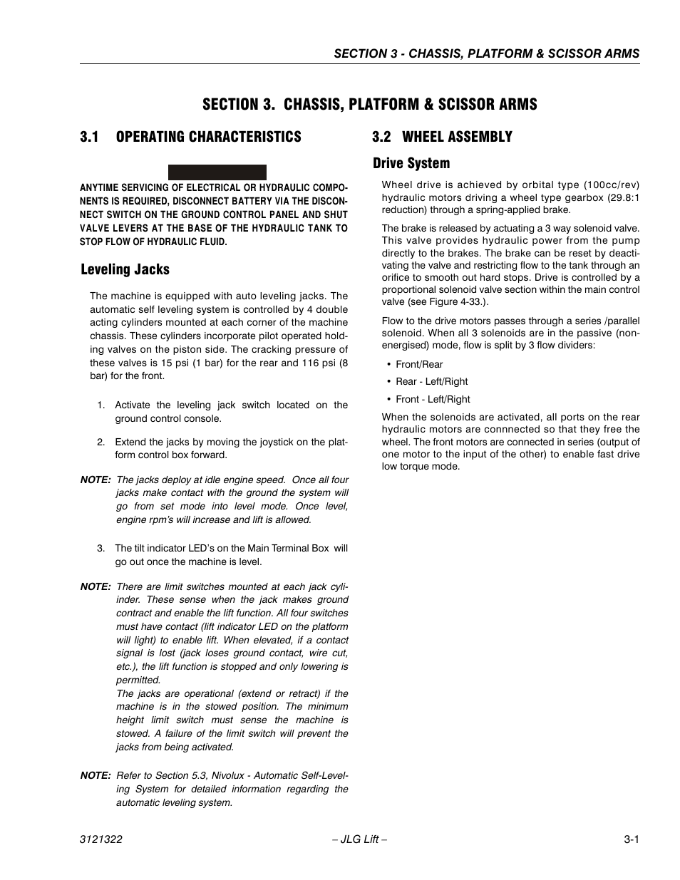 Section 3. chassis, platform & scissor arms, 1 operating characteristics, Leveling jacks | 2 wheel assembly, Drive system, Section 3 - chassis, platform & scissor arms, Operating characteristics -1, Leveling jacks -1, Wheel assembly -1, Drive system -1 | JLG 67SL Service Manual User Manual | Page 33 / 152