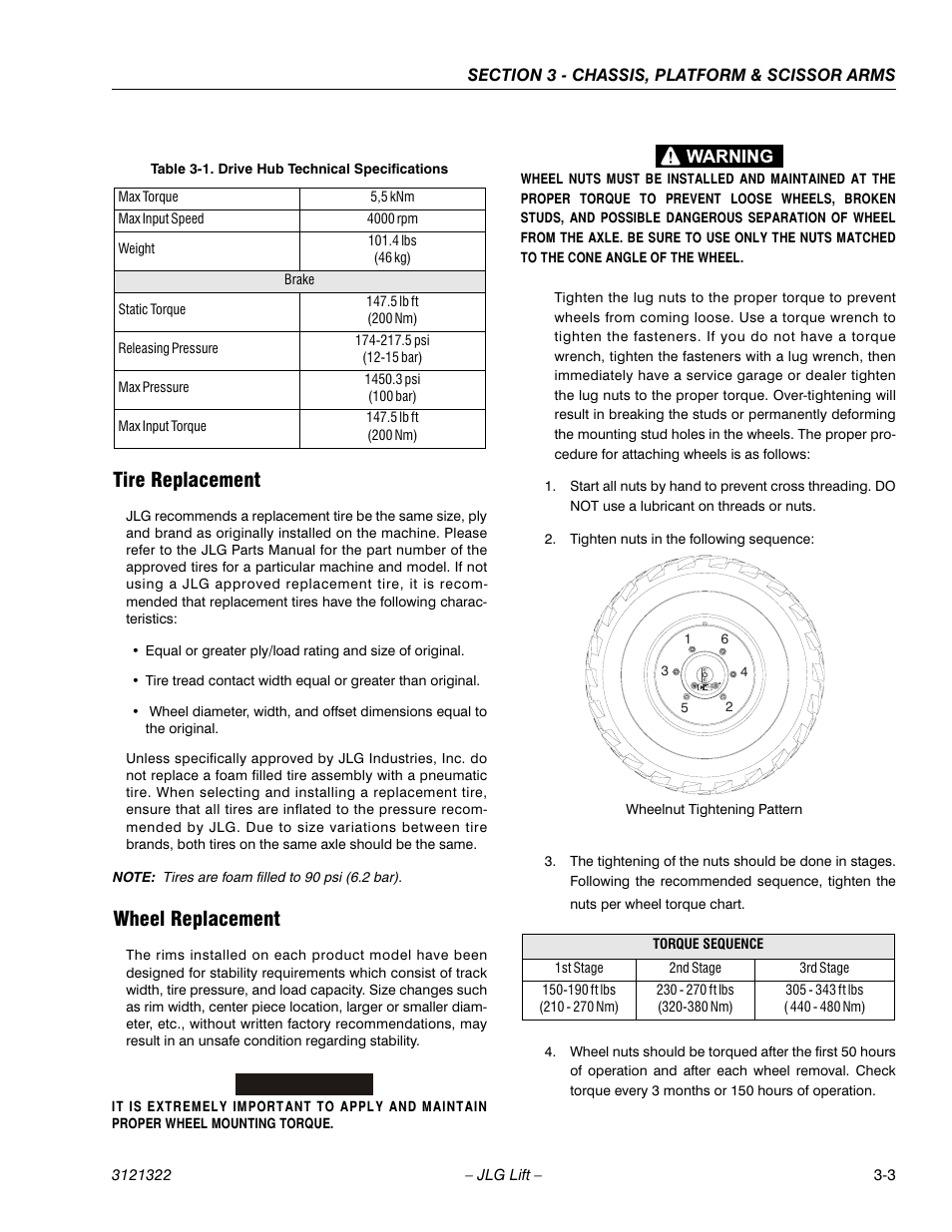 Tire replacement, Wheel replacement, Tire replacement -3 wheel replacement -3 | Drive hub technical specifications -3 | JLG 67SL Service Manual User Manual | Page 35 / 152