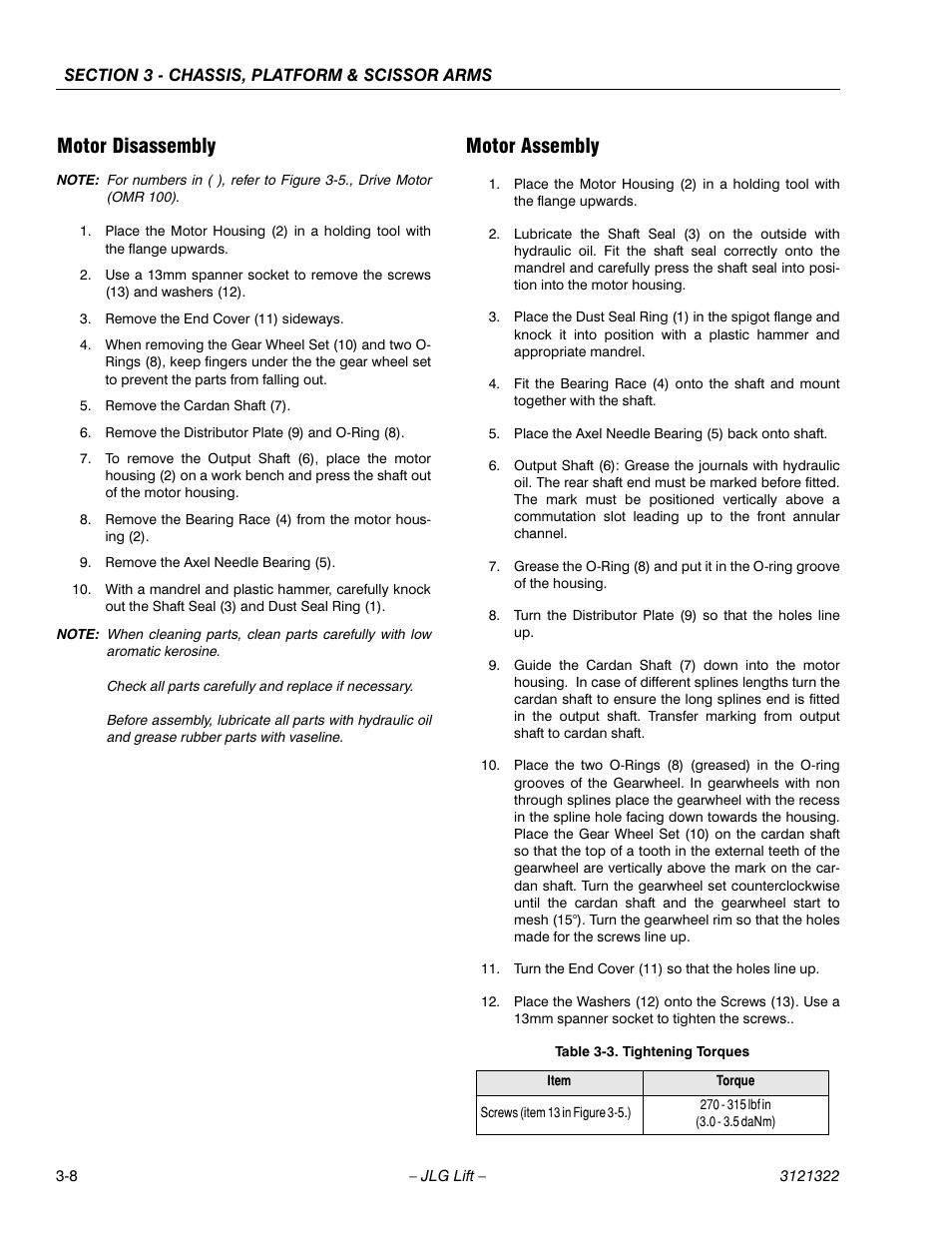 Motor disassembly, Motor assembly, Motor disassembly -8 motor assembly -8 | Tightening torques -8 | JLG 67SL Service Manual User Manual | Page 40 / 152
