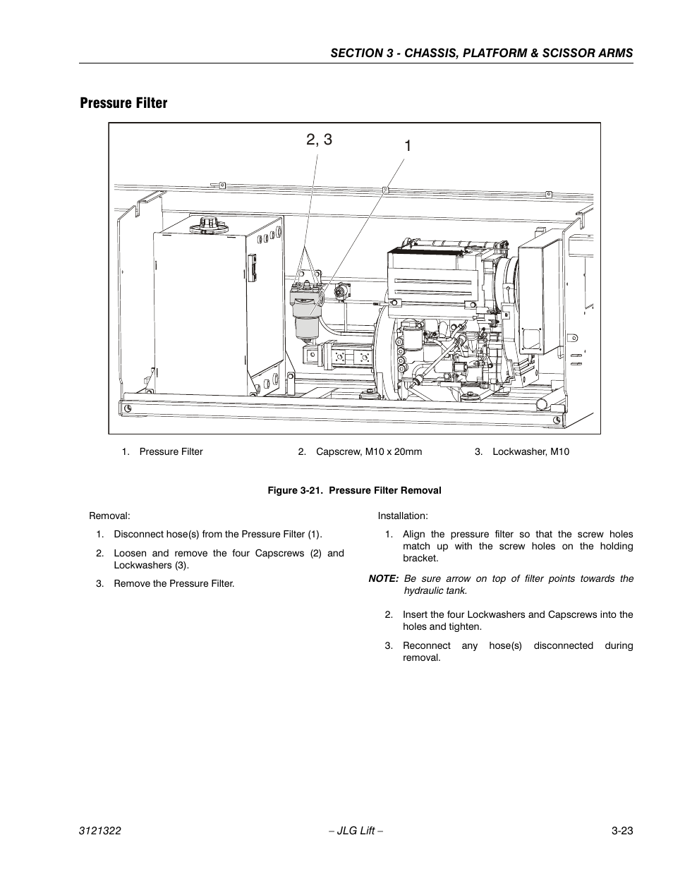 Pressure filter, Pressure filter -23, Pressure filter removal -23 | JLG 67SL Service Manual User Manual | Page 55 / 152